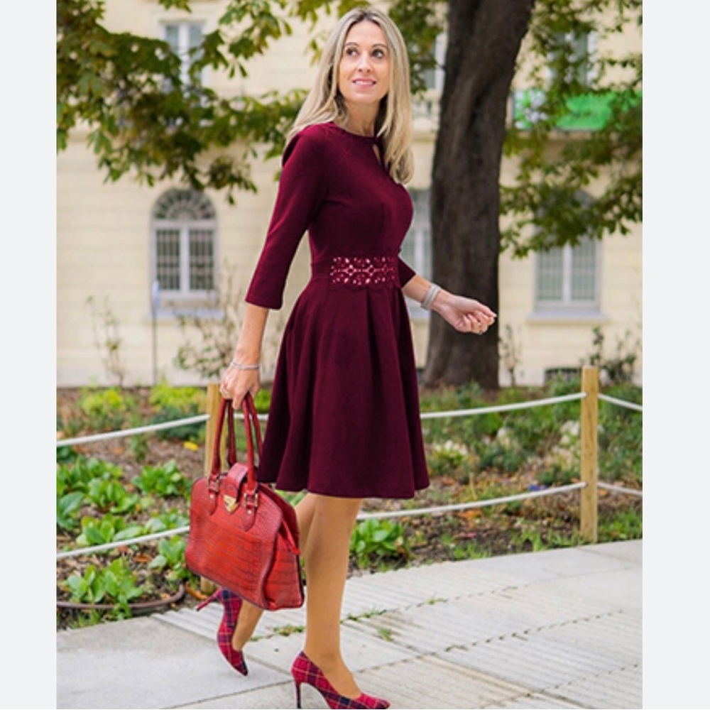 Owin Fit & Flare Burgundy Dress with 3/4 Sleeves and Lace Trimmed Waist NWT | L
